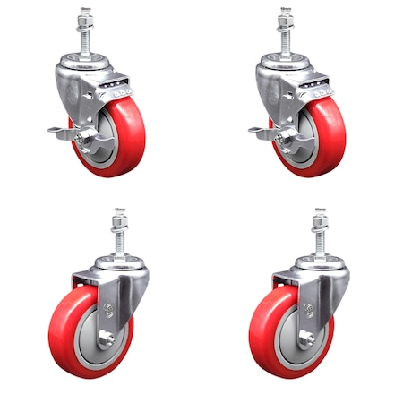 Service Caster 4 Inch SS Red Polyurethane Swivel 10mm Threaded Stem Caster Brakes, 2PK SSTS20S414-PPUB-RED-TLB-M1015-2-S-2